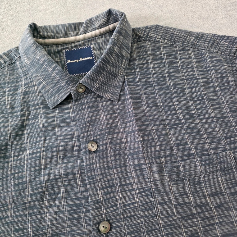 Tommy Bahama Mens XL Blue 100% Silk Grid Short Sleeve Button Down Shirt